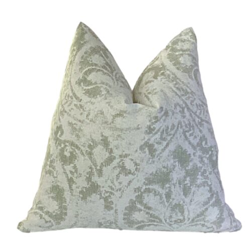 Shabby Chic Faded Green Cotton Damask Pillow Cover