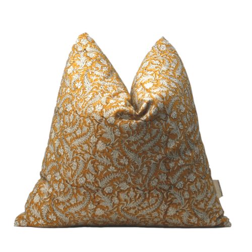Yellow Floral Block Print Cotton Pillow Cover