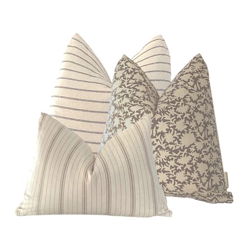 Pillow Combo Grey Floral Block Print Pillow Cover, Cream and Charcoal Stripe Pillow, Cream Stripe
